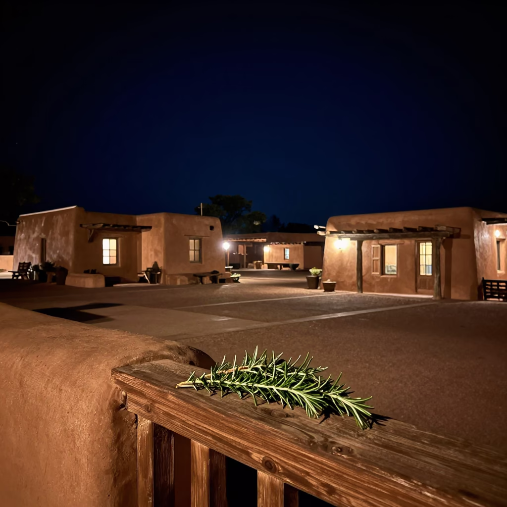 Santa Fe New Mexico Night Sky Adobes and Rosemary Sprigs in in Santa Fe, New Mexico, United States