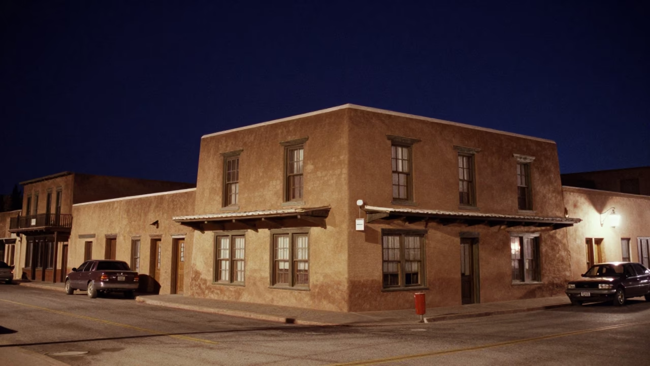 Santa Fe New Mexico Night Street Scene with Adobe Architecture and Local Interaction in in Santa Fe, New Mexico, United States