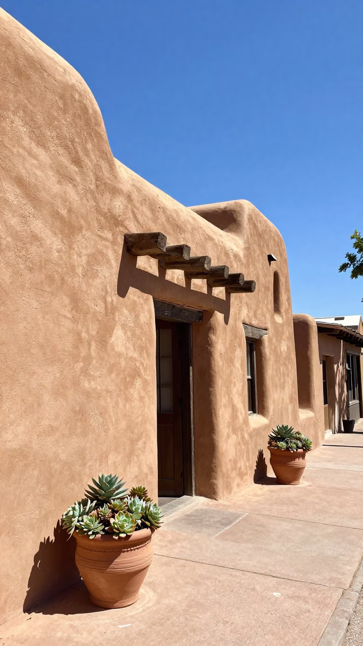 Santa Fe New Mexico Noon Light Adobe Architecture and Potted Succulents Street Scene in in Santa Fe, New Mexico, United States