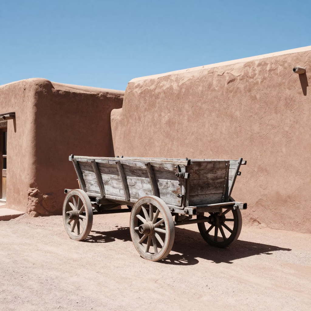 Santa Fe New Mexico Noon Light Ox Cart on Dusty Adobe Street in in Santa Fe, New Mexico, United States