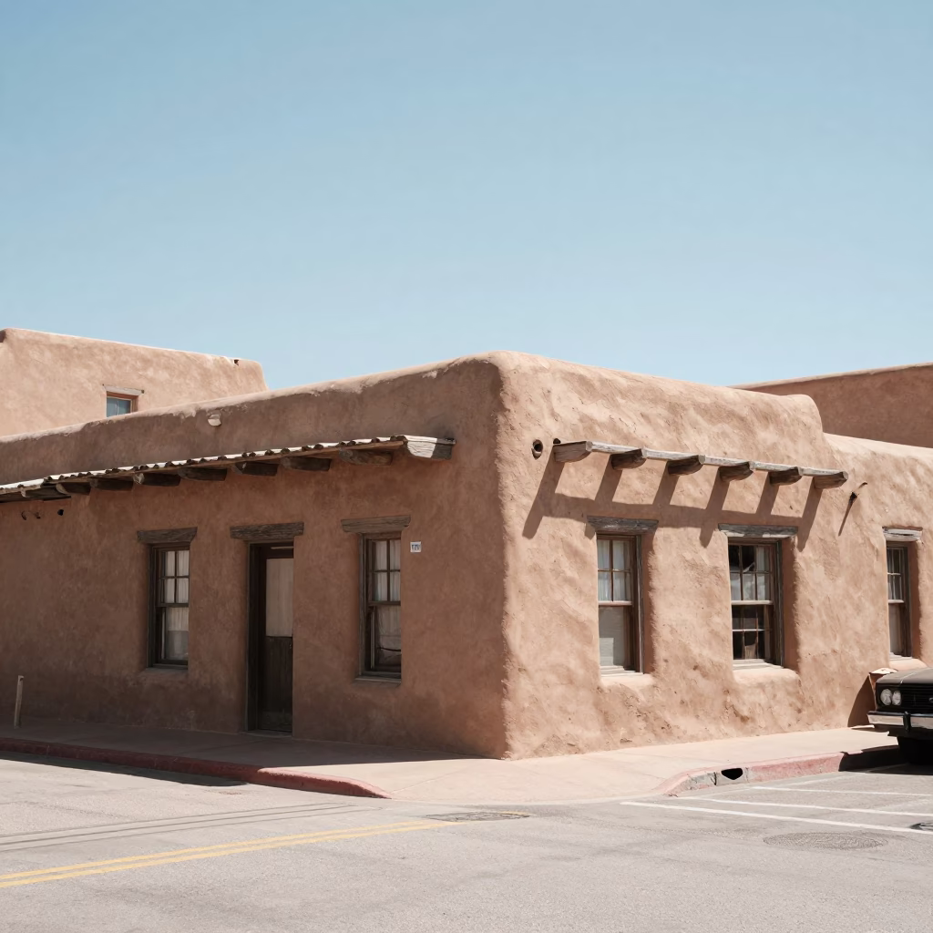 Santa Fe New Mexico Noon Street Scene with Adobe Architecture and Brushed Steel in in Santa Fe, New Mexico, United States