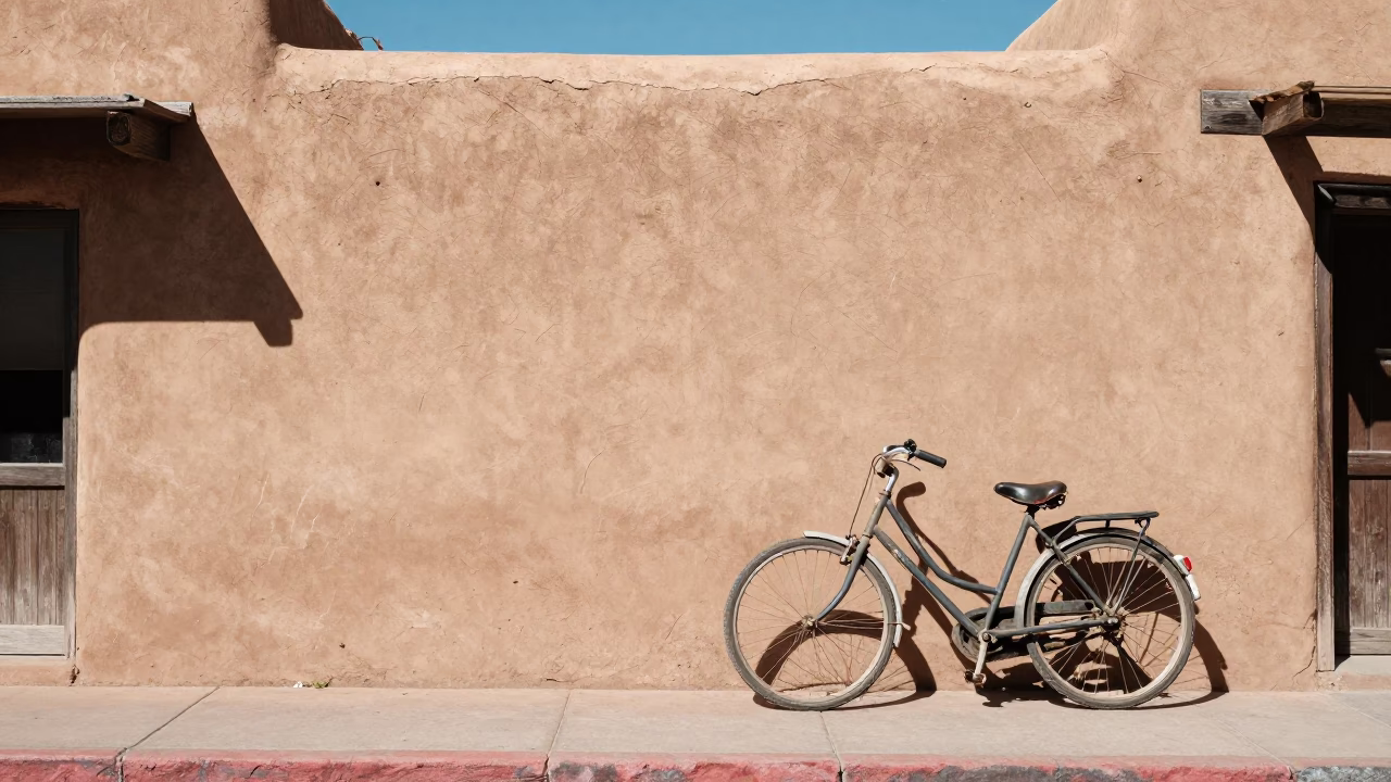 Santa Fe New Mexico Noon Street Scene with Bicycle and Adobe Architecture in in Santa Fe, New Mexico, United States