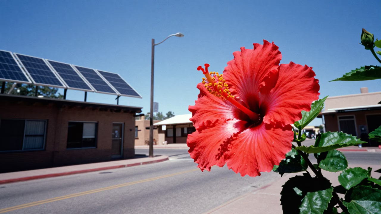 Santa Fe New Mexico Noon Street Scene with Solar Array and Hibiscus in in Santa Fe, New Mexico, United States