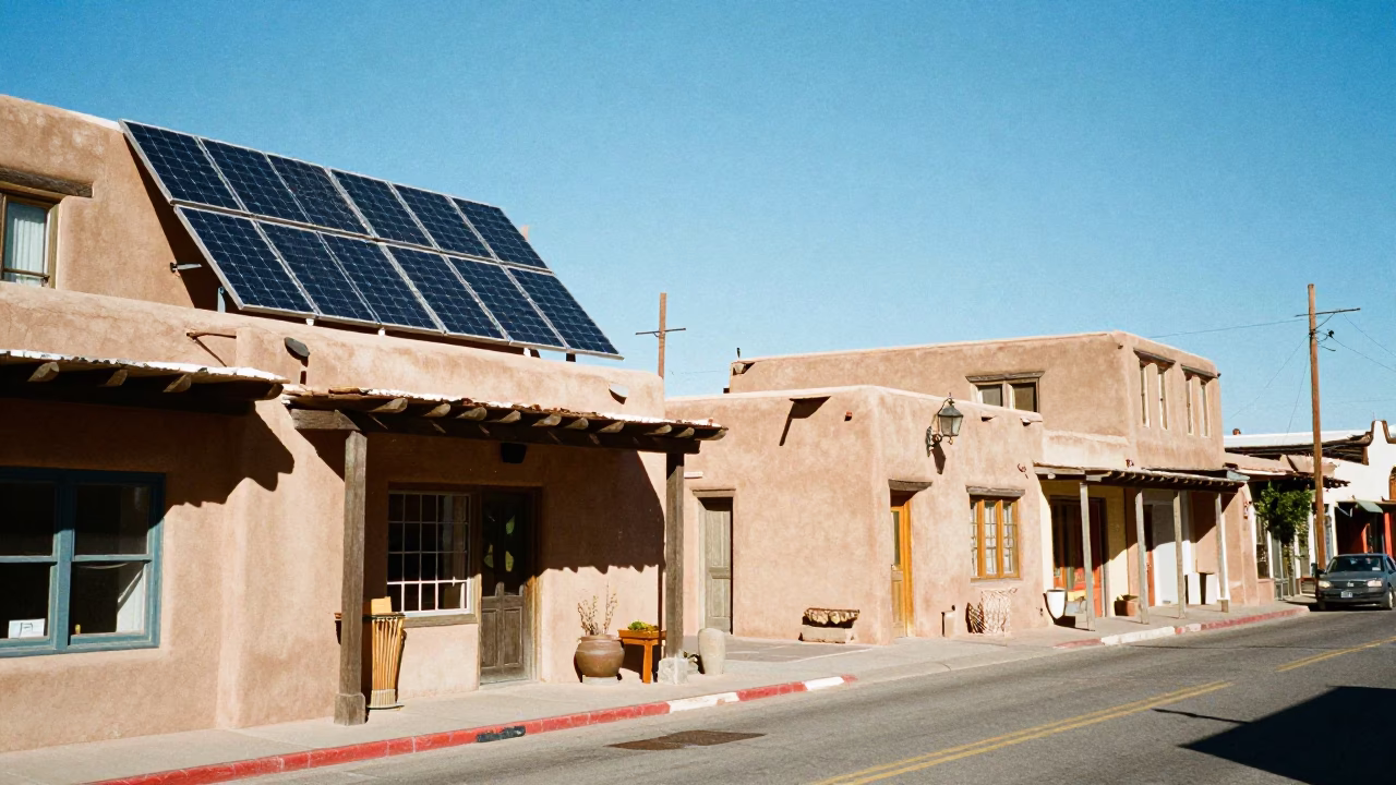 Santa Fe New Mexico Noon Street Scene with Solar Panels and Adobe Architecture in in Santa Fe, New Mexico, United States