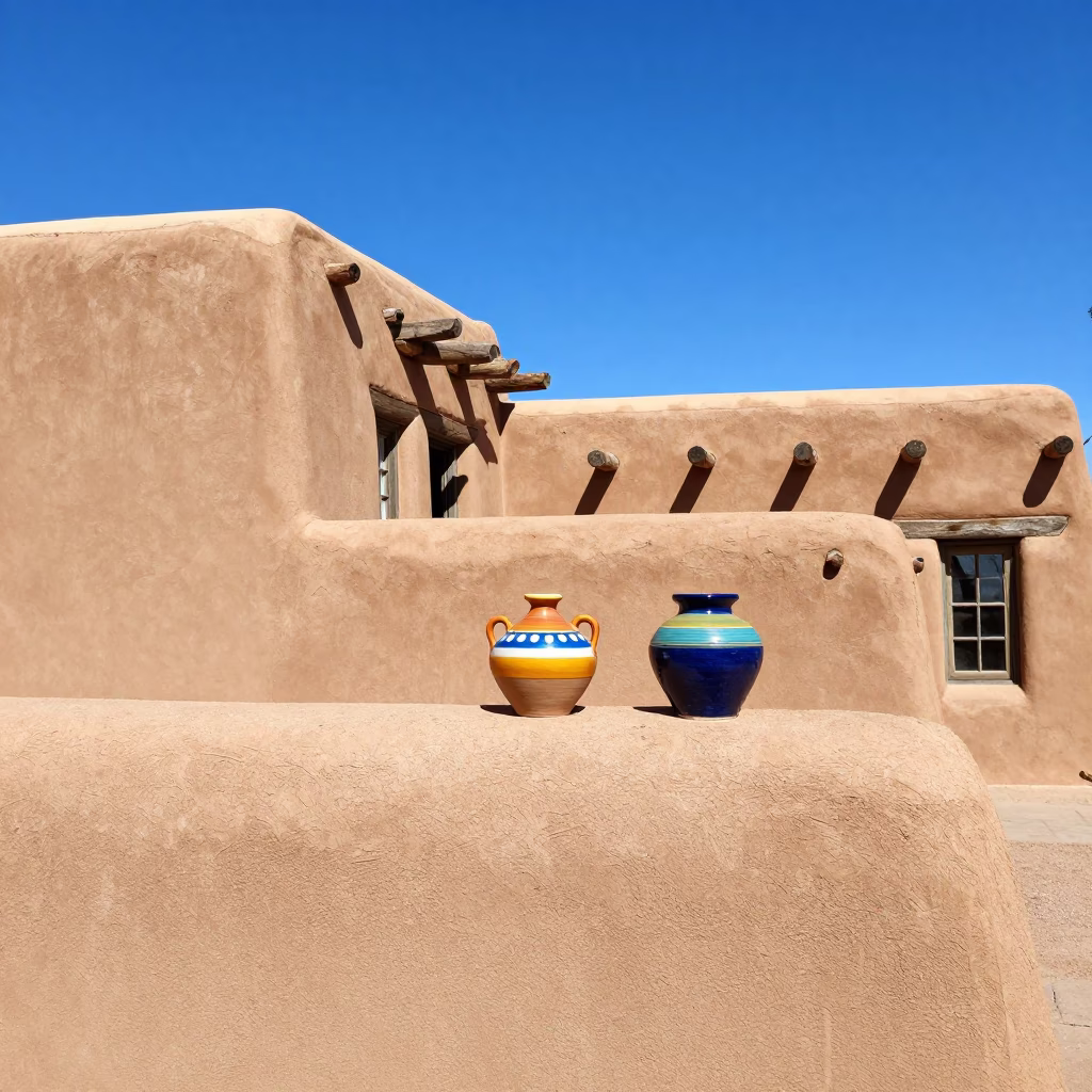Santa Fe New Mexico Noon Sun Adobe Architecture and Colorful Pottery Detail in in Santa Fe, New Mexico, United States