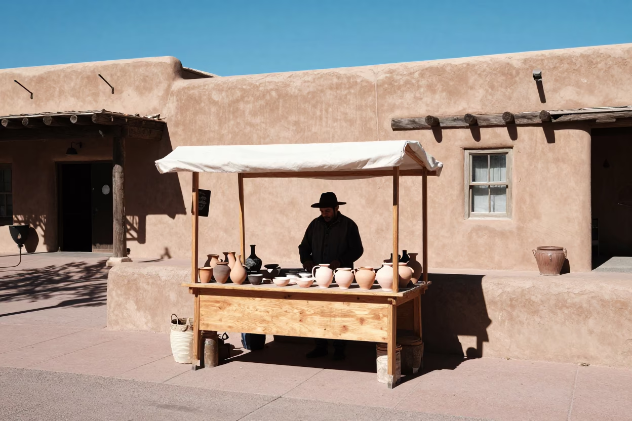 Santa Fe New Mexico Noon Sun Adobe Plaza Market Ladle Display in in Santa Fe, New Mexico, United States