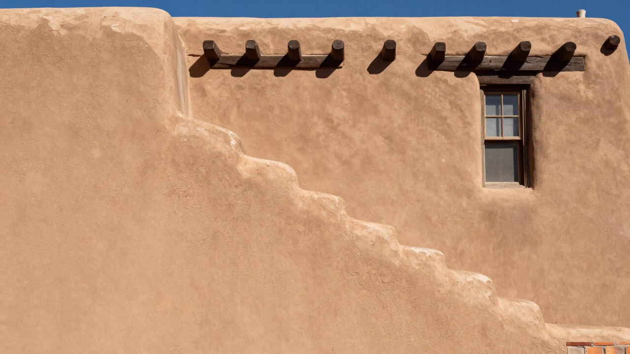 Santa Fe New Mexico Noon Sun Adobes and Rusty Tile Grout Details in in Santa Fe, New Mexico, United States