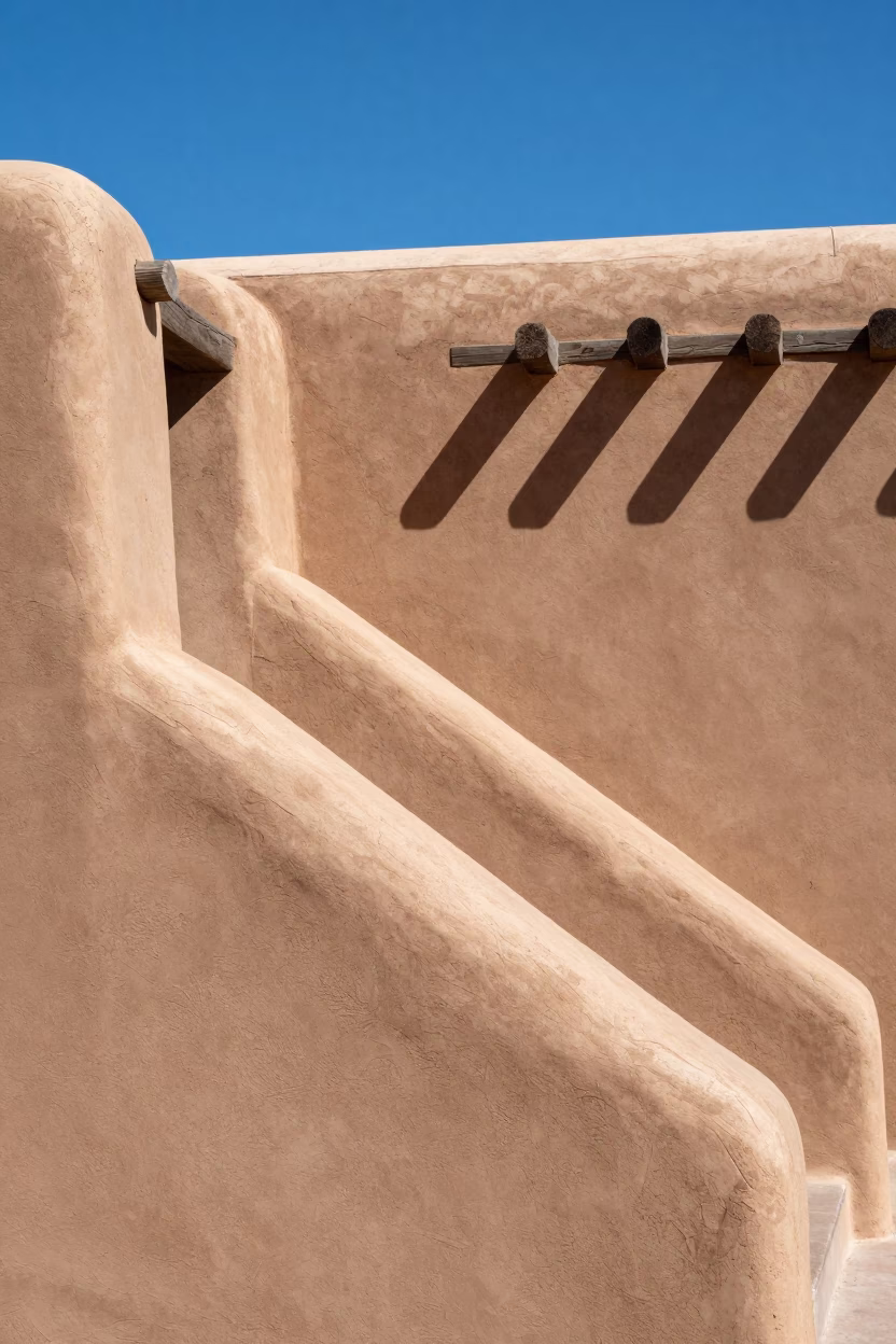 Santa Fe New Mexico Noon Sunlight Adobe Architecture Stair Rail Detail in in Santa Fe, New Mexico, United States