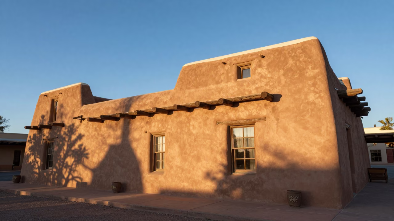 Santa Fe New Mexico Plaza Adobe Architecture Late Afternoon Light and Local Street Scene in in Santa Fe, New Mexico, United States