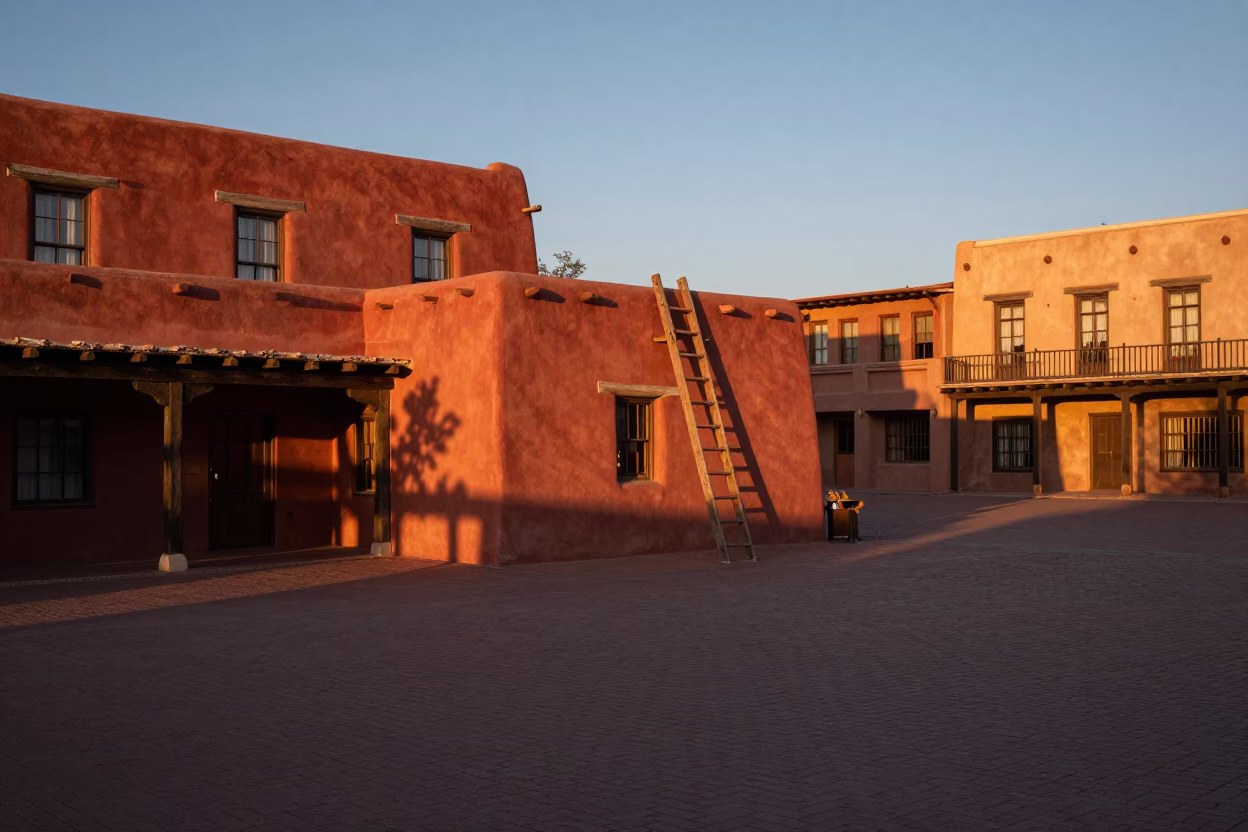 Santa Fe New Mexico Plaza at Dusk with Adobe Architecture and Ladder Back Chairs in in Santa Fe, New Mexico, United States