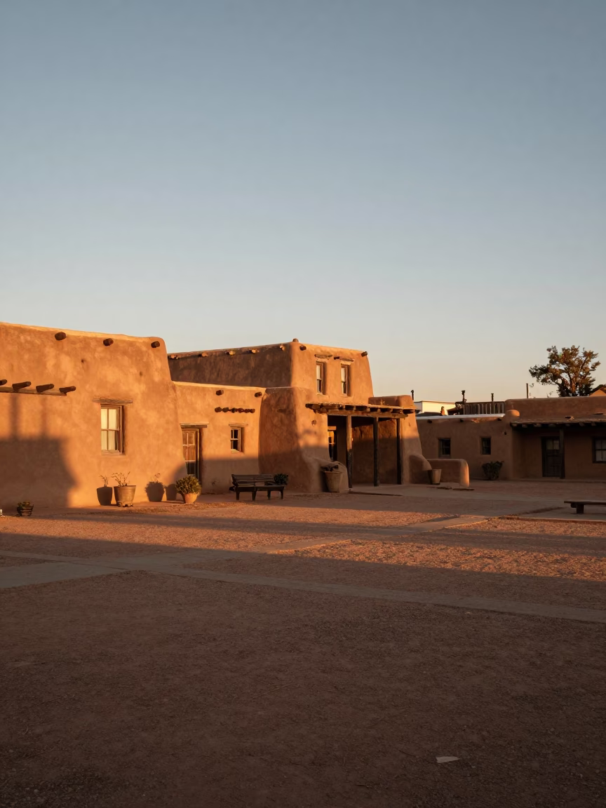Santa Fe New Mexico Plaza Evening Light adobe Architecture and Local Life in in Santa Fe, New Mexico, United States