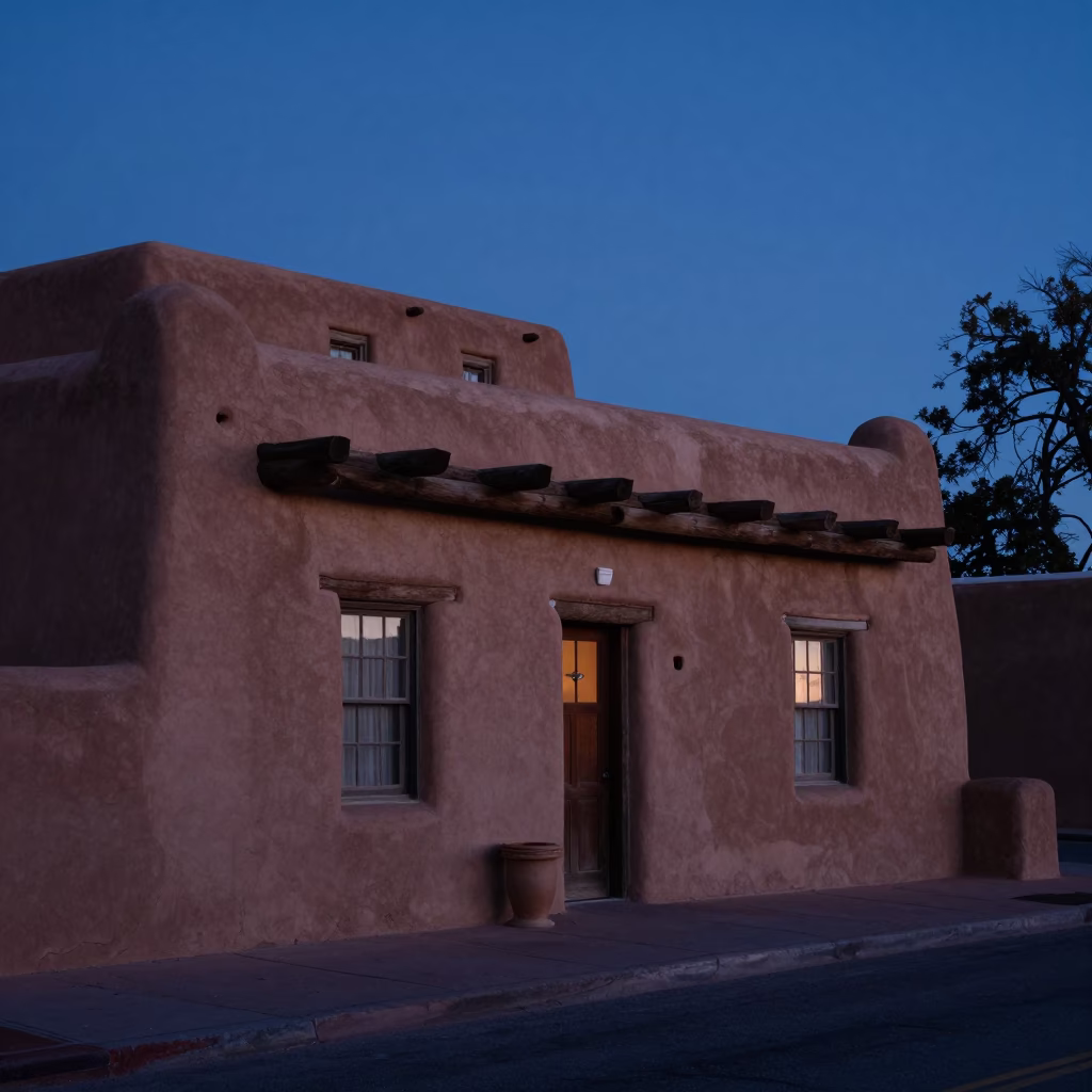 Santa Fe New Mexico Pre-Dawn Adobe Architecture And Early Morning Street Scene in in Santa Fe, New Mexico, United States