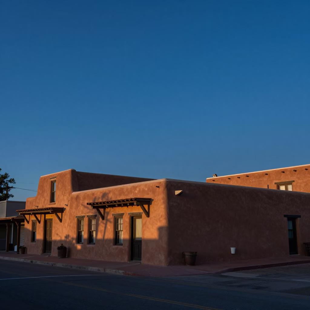 Santa Fe New Mexico Pre Dawn Adobe Architecture and Street Corner Realism in in Santa Fe, New Mexico, United States