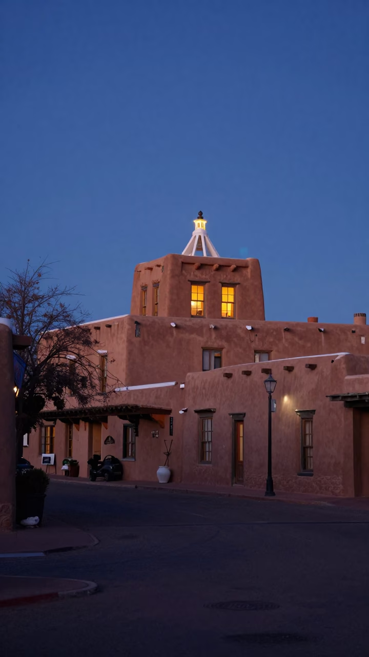 Santa Fe New Mexico Pre-Dawn Adobe Architecture and Street Life in in Santa Fe, New Mexico, United States