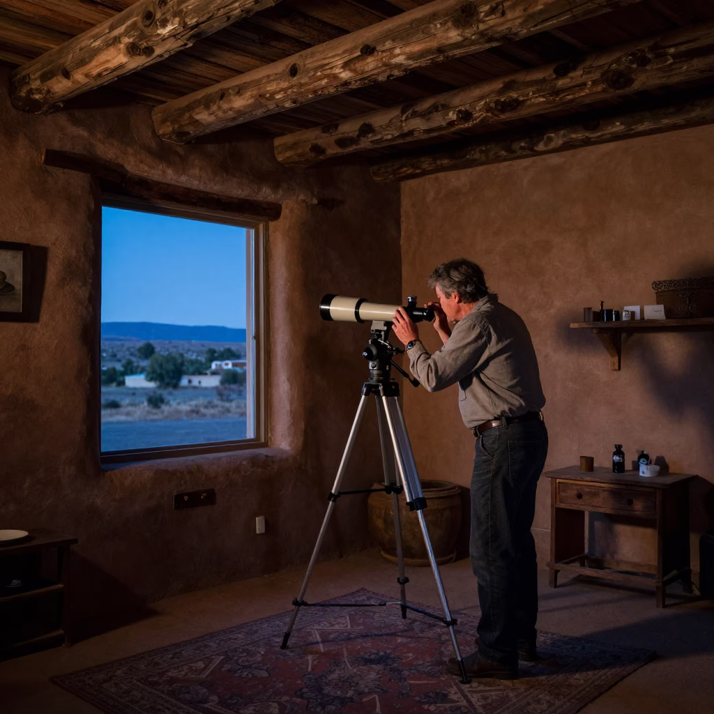 Santa Fe New Mexico Pre-Dawn Adobe Interior with Astronomer and Telescope in in Santa Fe, New Mexico, United States