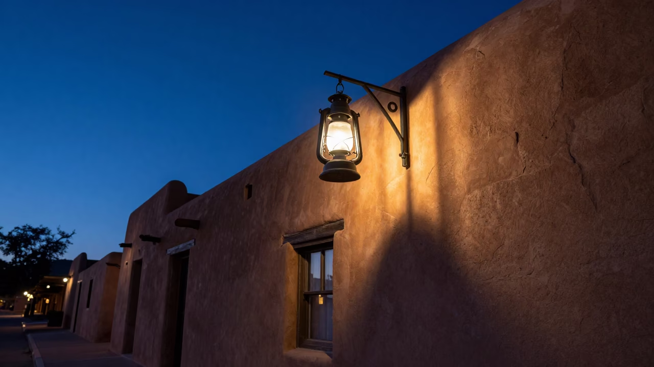 Santa Fe New Mexico Pre-Dawn Adobe Street Lantern Light and Stone Wall in in Santa Fe, New Mexico, United States