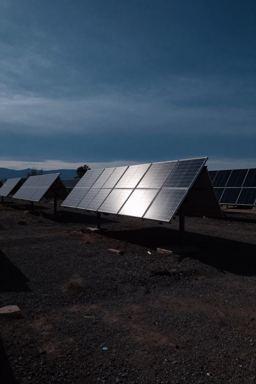 Santa Fe New Mexico Predawn Solar Array Glinting Silver Over Gravel And Scrub in in Santa Fe, New Mexico, United States