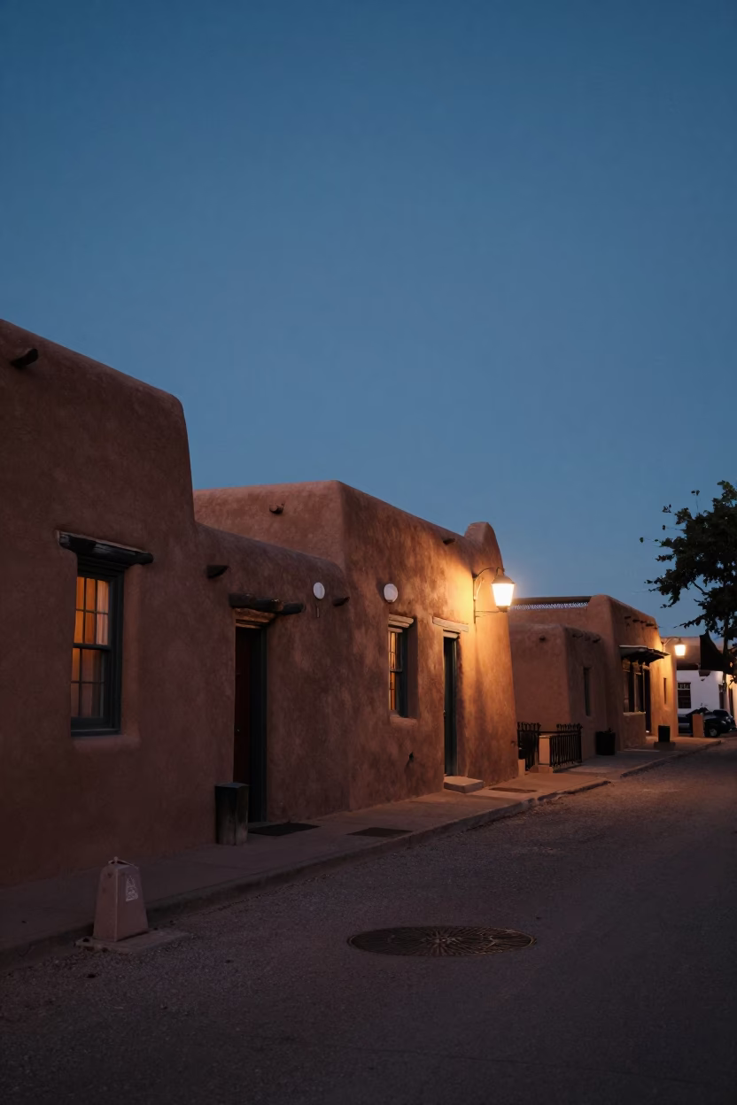 Santa Fe New Mexico predawn street scene with adobe architecture and local activity in in Santa Fe, New Mexico, United States