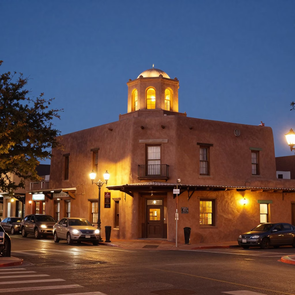 Santa Fe New Mexico Street Scene at Dusk with Adobe Architecture and City Lights in in Santa Fe, New Mexico, United States