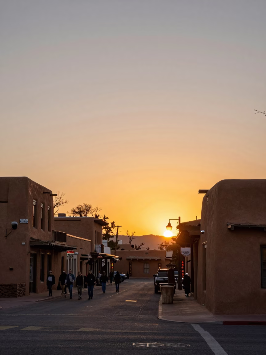 Santa Fe New Mexico Street Scene at Dusk with Adobe Architecture and Local Commerce in in Santa Fe, New Mexico, United States