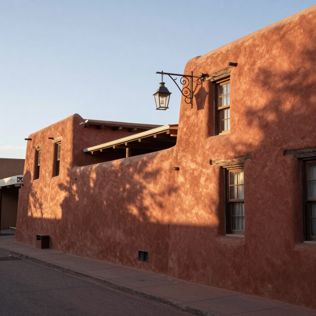 Santa Fe New Mexico Street Scene Early Afternoon Adobes and Luminous Colors in in Santa Fe, New Mexico, United States