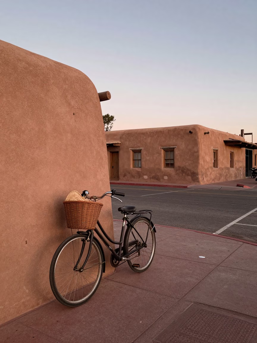 Santa Fe New Mexico Street Scene with Bicycle Basket in Copper Dusk Light in in Santa Fe, New Mexico, United States