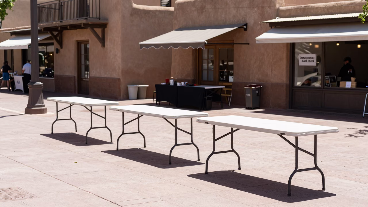 Santa Fe New Mexico street vendor noon light adobe plaza folding tables in in Santa Fe, New Mexico, United States