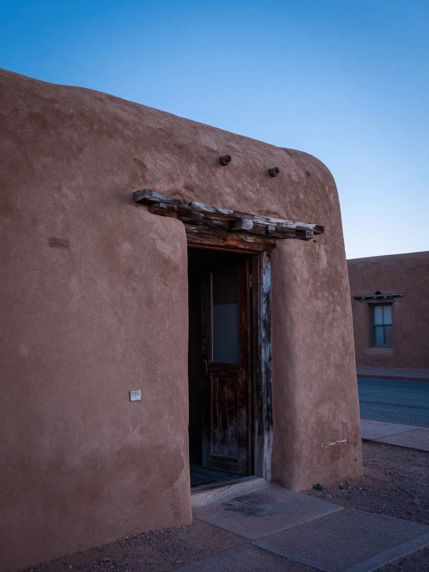 Santa Fe New Mexico Sunrise Adobe Architecture and Quiet Morning Street Scene in in Santa Fe, New Mexico, United States