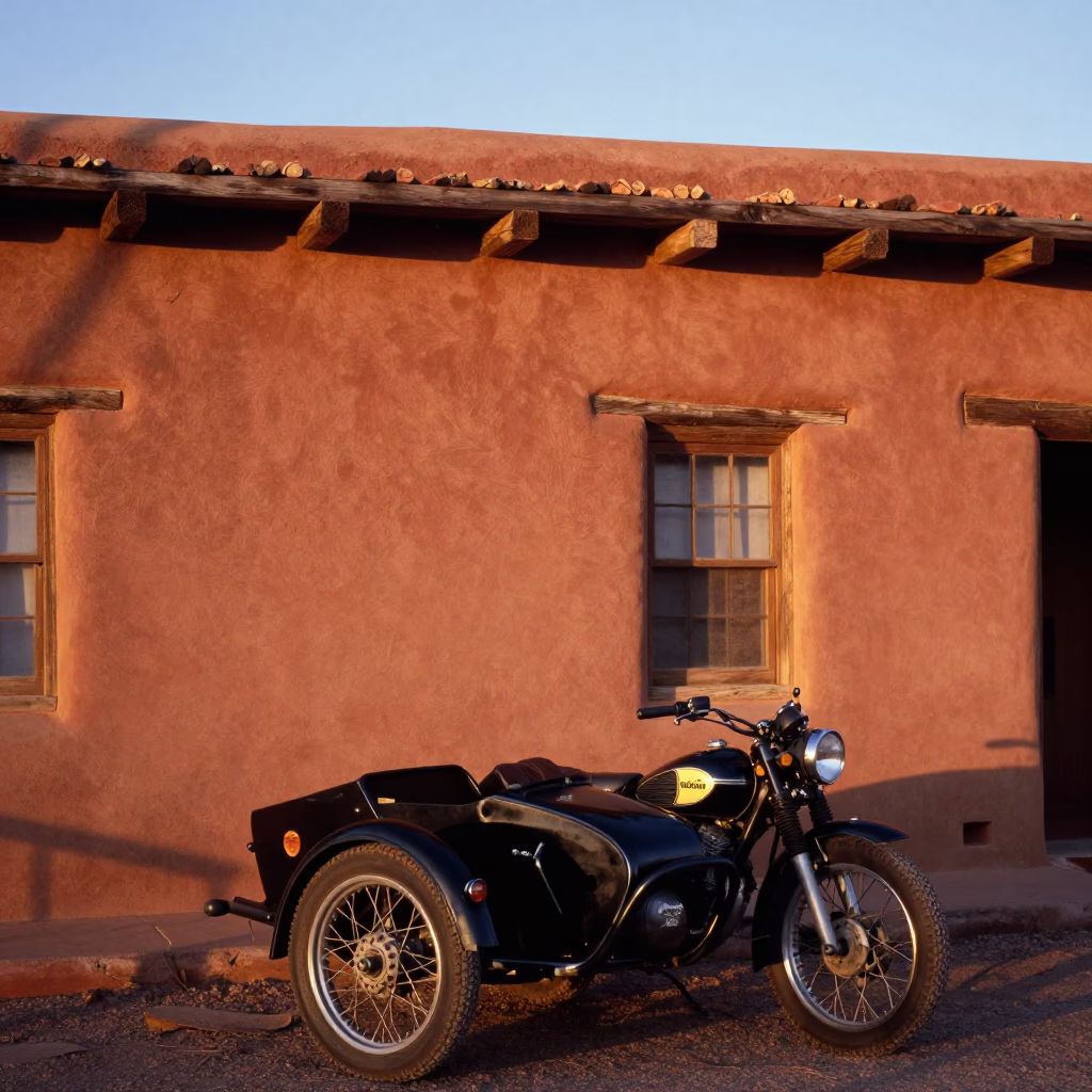 Santa Fe New Mexico Sunrise Adobe Architecture and Vintage Motorcycle with Sidecar in in Santa Fe, New Mexico, United States