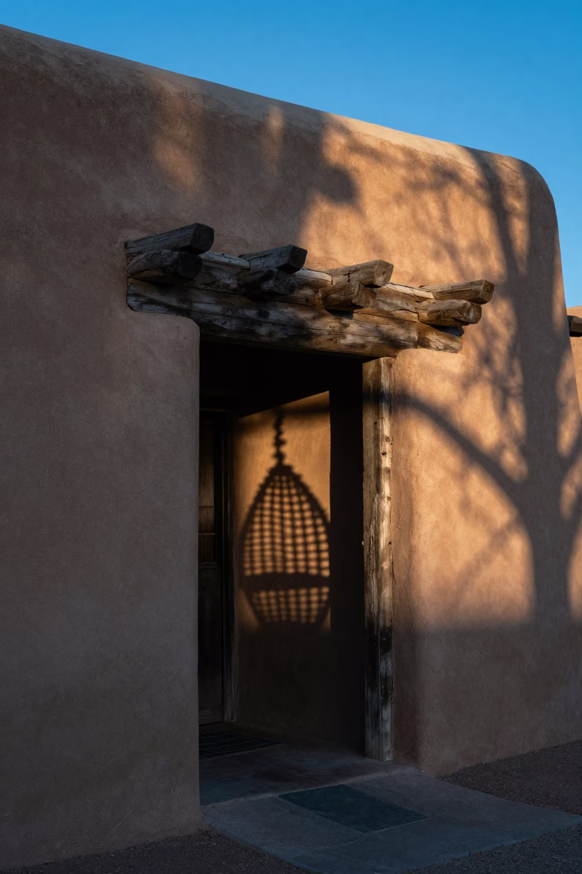 Santa Fe New Mexico Sunrise Adobe Architecture Wicker Shadow on Doorframe in in Santa Fe, New Mexico, United States