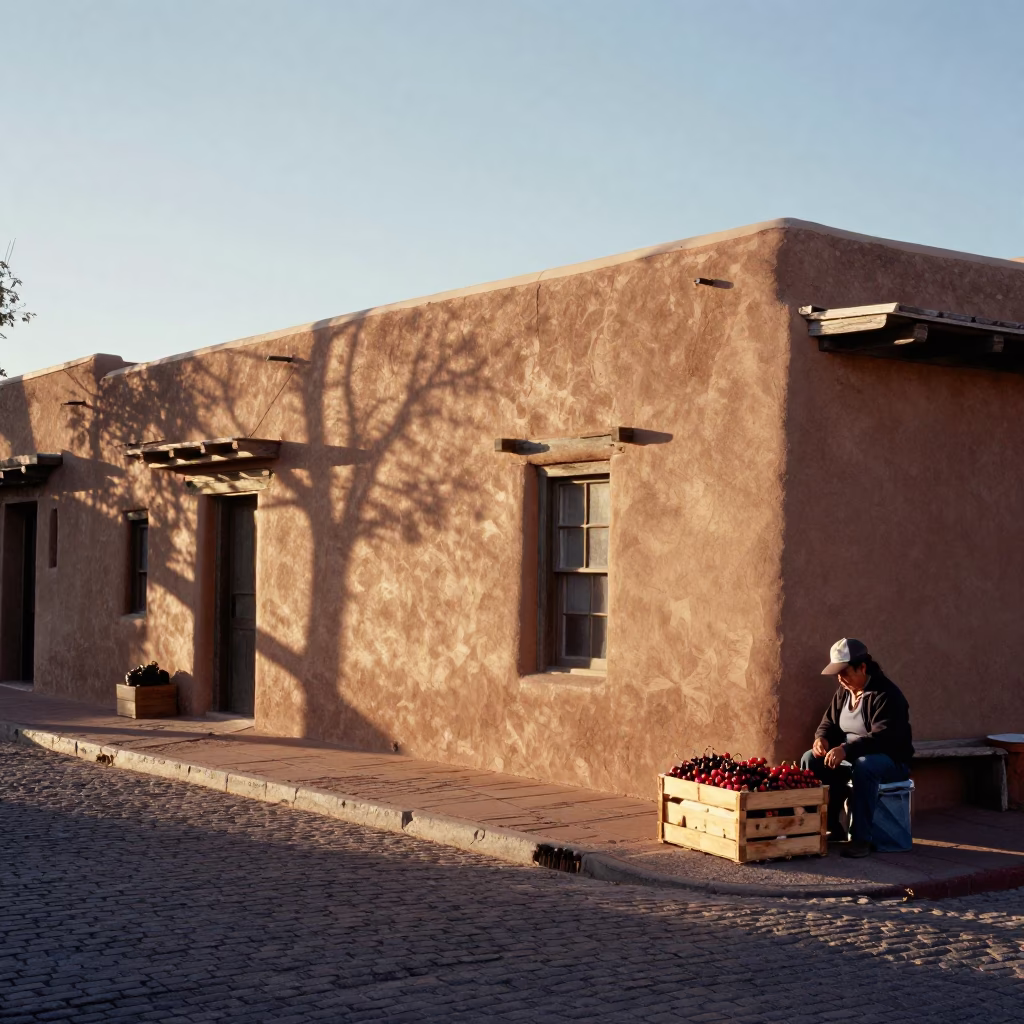 Santa Fe New Mexico Sunrise Street Scene with Adobe Architecture and Local Market Activity in in Santa Fe, New Mexico, United States