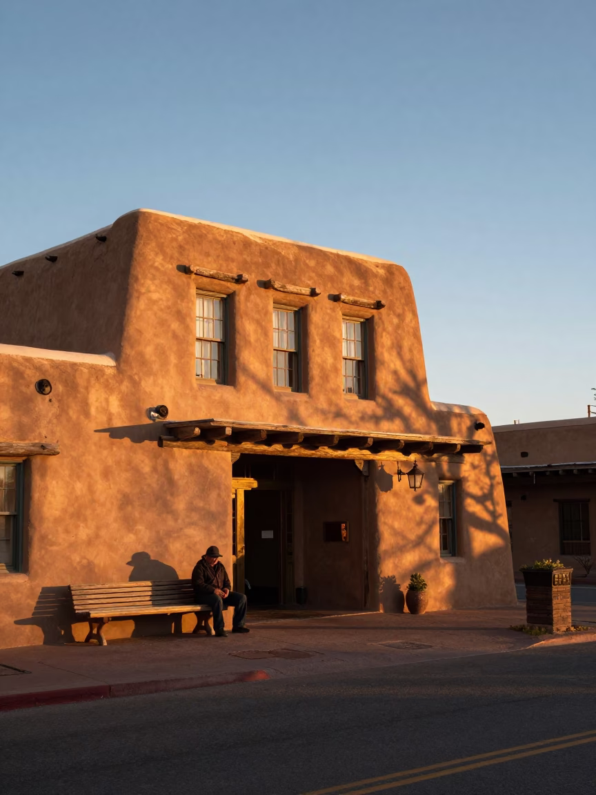 Santa Fe New Mexico Sunset Adobe Architecture and Local Street Scene in in Santa Fe, New Mexico, United States