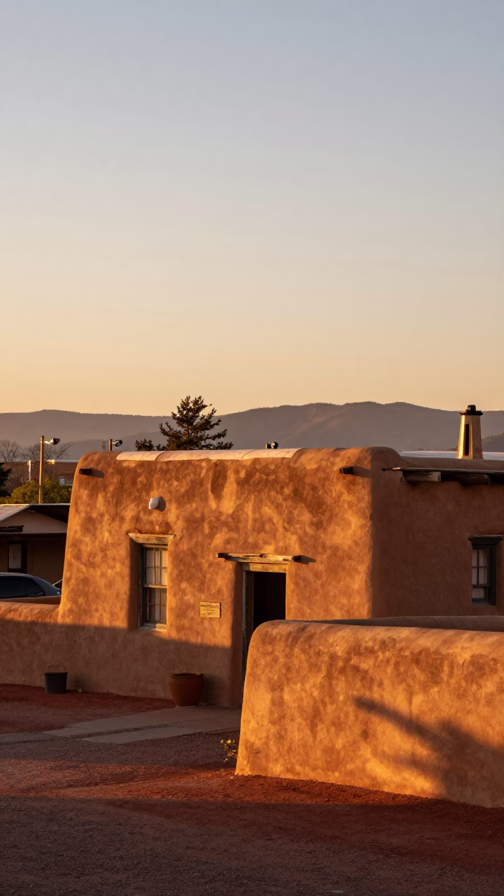 Santa Fe New Mexico Sunset Adobe Architecture and Market Scene in in Santa Fe, New Mexico, United States