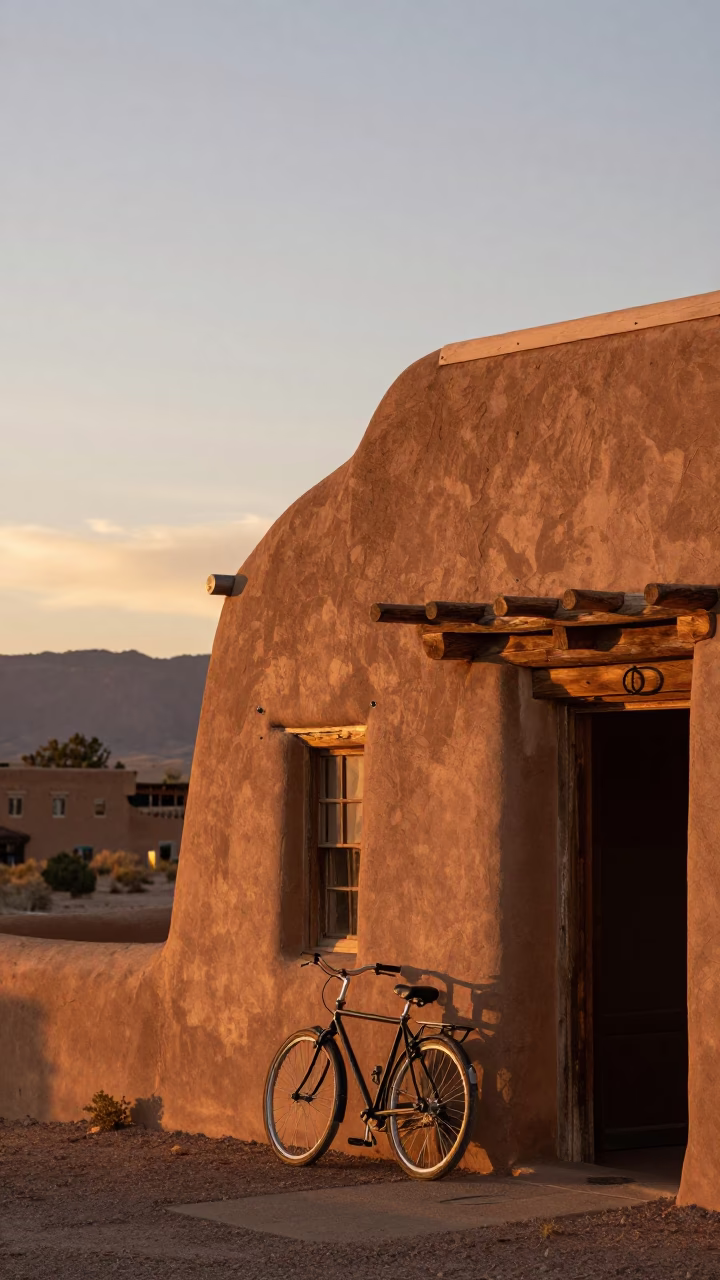 Santa Fe New Mexico Sunset Adobe Architecture with Bicycle and Desert Landscape in in Santa Fe, New Mexico, United States