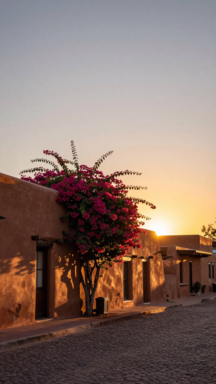 Santa Fe New Mexico Sunset Adobe Street Scene with Bougainvillea and Local Life in in Santa Fe, New Mexico, United States