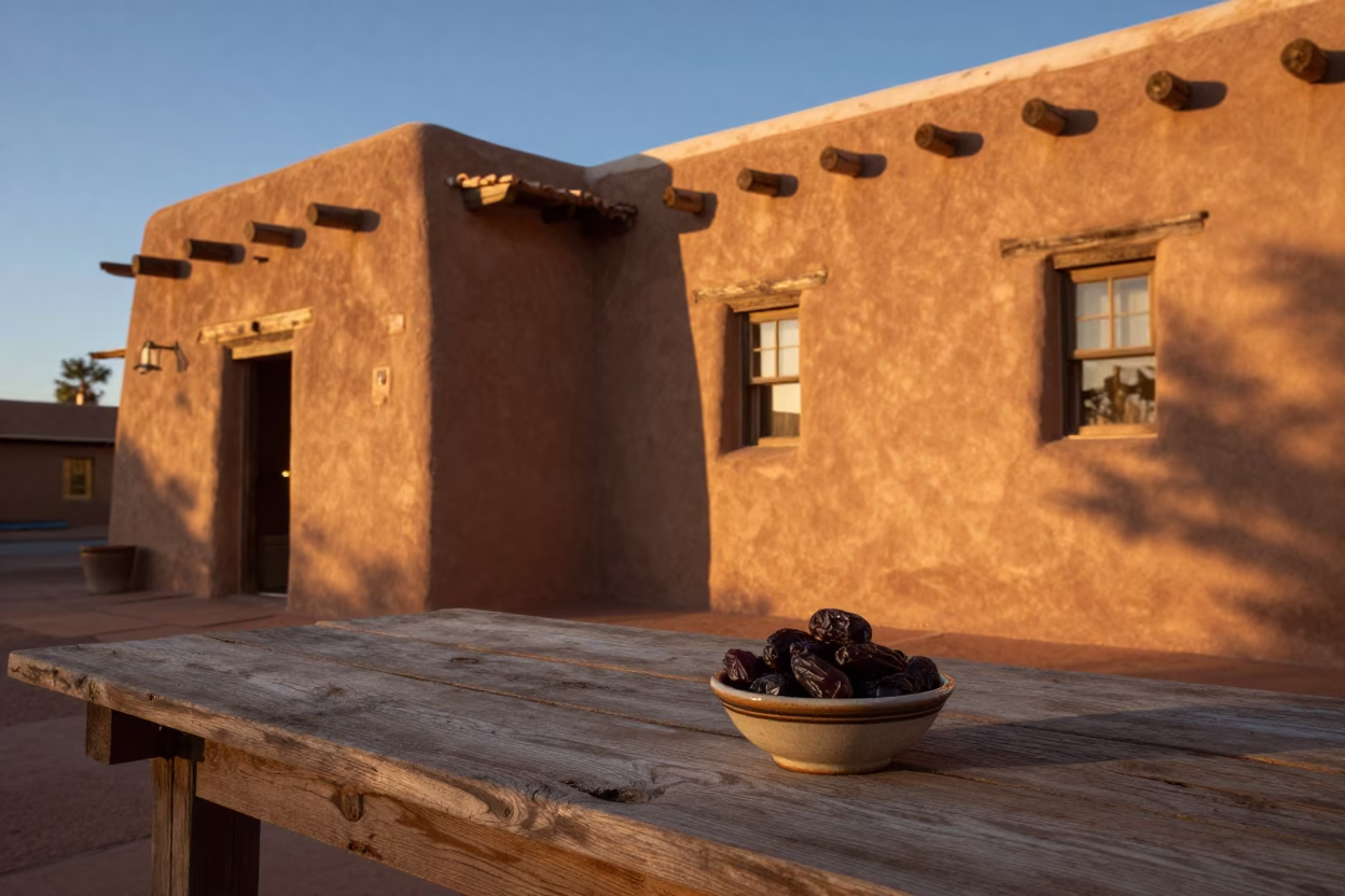 Santa Fe New Mexico Sunset Adobes and Dates on Wooden Table in in Santa Fe, New Mexico, United States