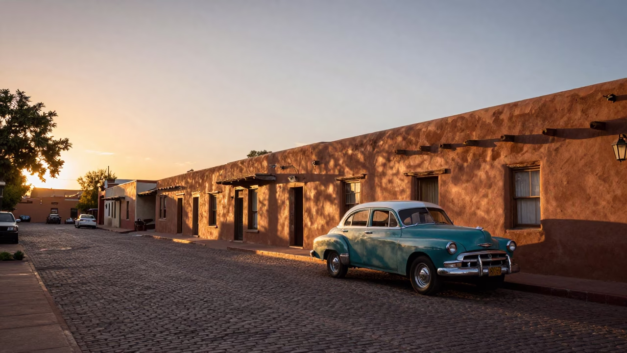 Santa Fe New Mexico Sunset Adobes and Historic Plaza Street Scene in in Santa Fe, New Mexico, United States