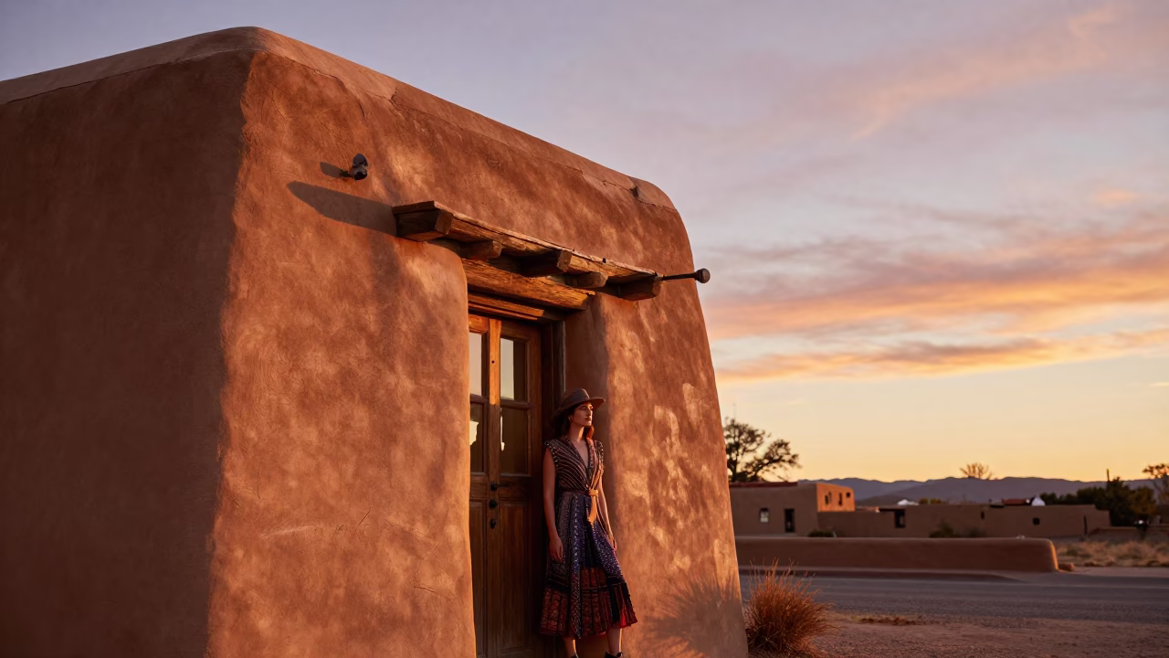 Santa Fe New Mexico Sunset Adobes Luminous Sky High Fashion Candid Moment in in Santa Fe, New Mexico, United States