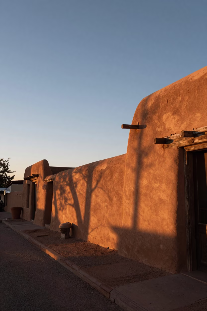 Santa Fe New Mexico Sunset Adobo Adobe Walls and Street Scene in in Santa Fe, New Mexico, United States