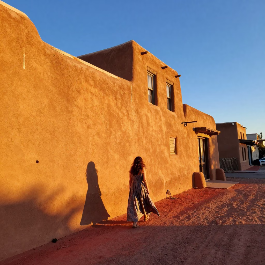 Santa Fe New Mexico Sunset Street Scene with Adobe Architecture and Local Life in in Santa Fe, New Mexico, United States