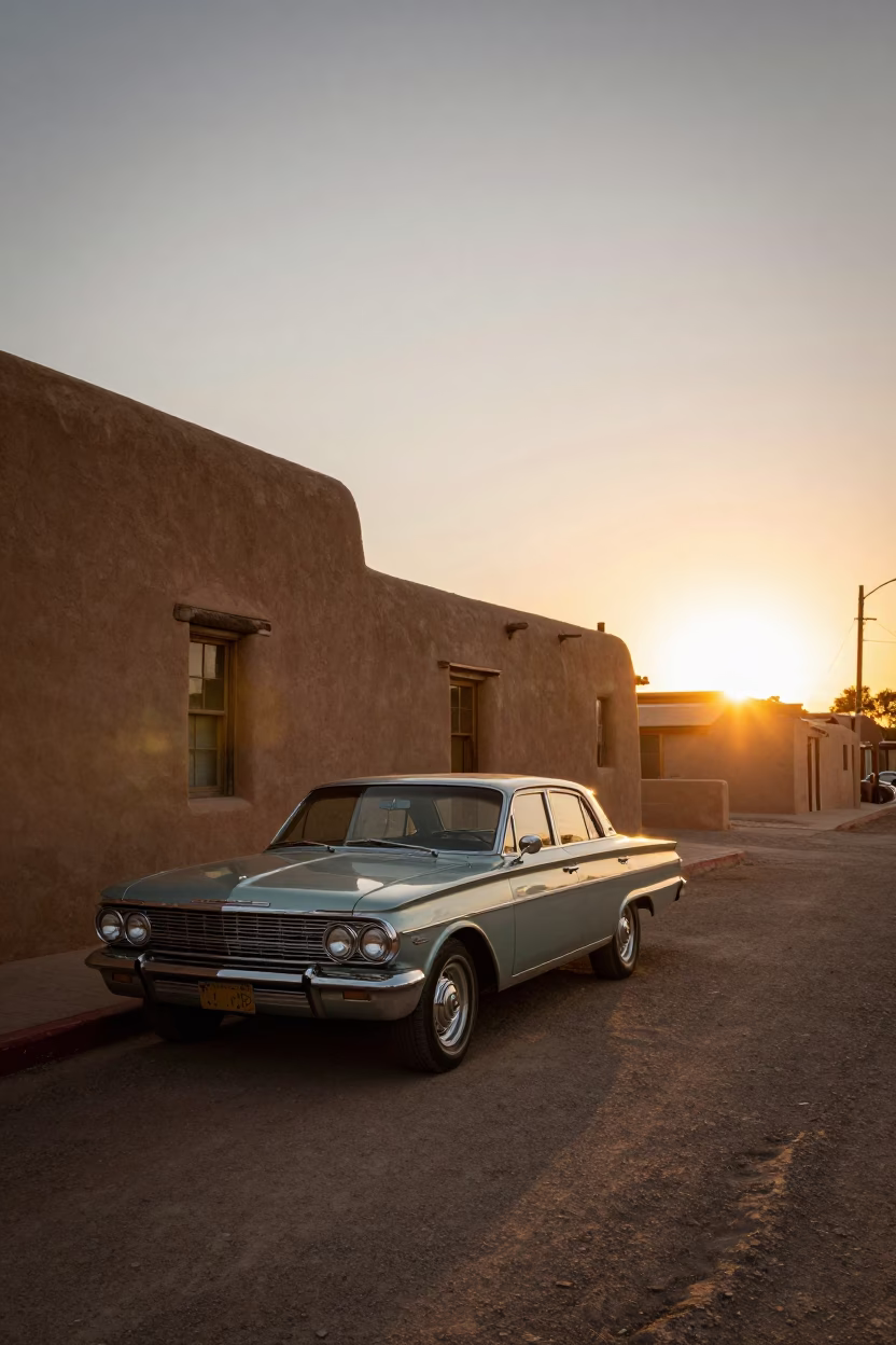 Santa Fe New Mexico Sunset Street Scene with Adobe Architecture and Vintage Car in in Santa Fe, New Mexico, United States