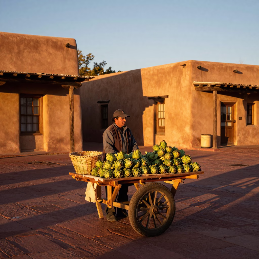 Santa Fe New Mexico Sunset Street Scene with Artichokes and Local Market in in Santa Fe, New Mexico, United States