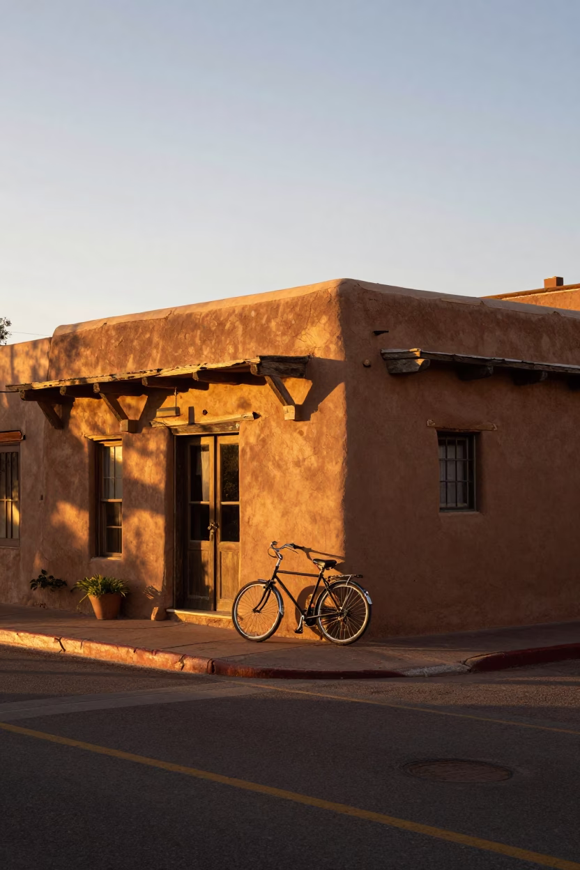 Santa Fe New Mexico Sunset Street Scene with Bicycle and adobe Architecture in in Santa Fe, New Mexico, United States