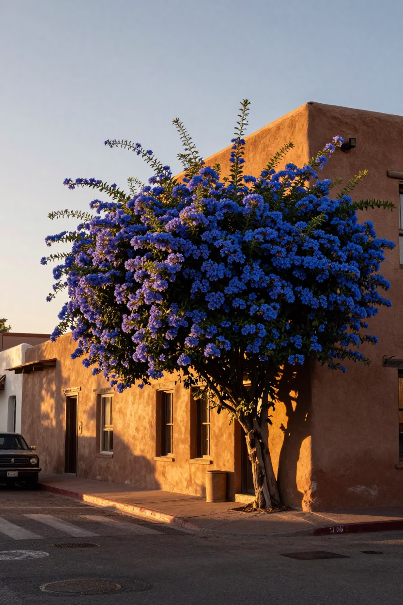 Santa Fe New Mexico Sunset Street Scene with Plumbago Hedge and Traditional Architecture in in Santa Fe, New Mexico, United States