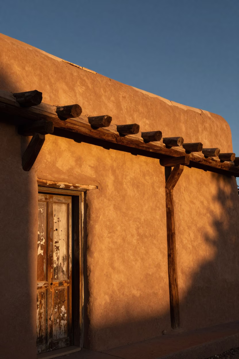 Santa Fe New Mexico Sunset Street Scene with Scuffed Painted Wood and Passion Flower in in Santa Fe, New Mexico, United States