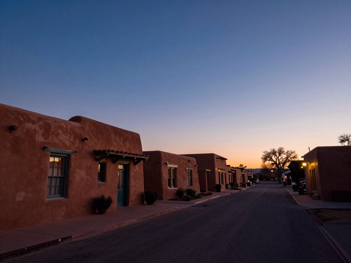 Santa Fe New Mexico Twilight Landscape Adobe Architecture Horizon Shot 1980s Realistic Photography in in Santa Fe, New Mexico, United States