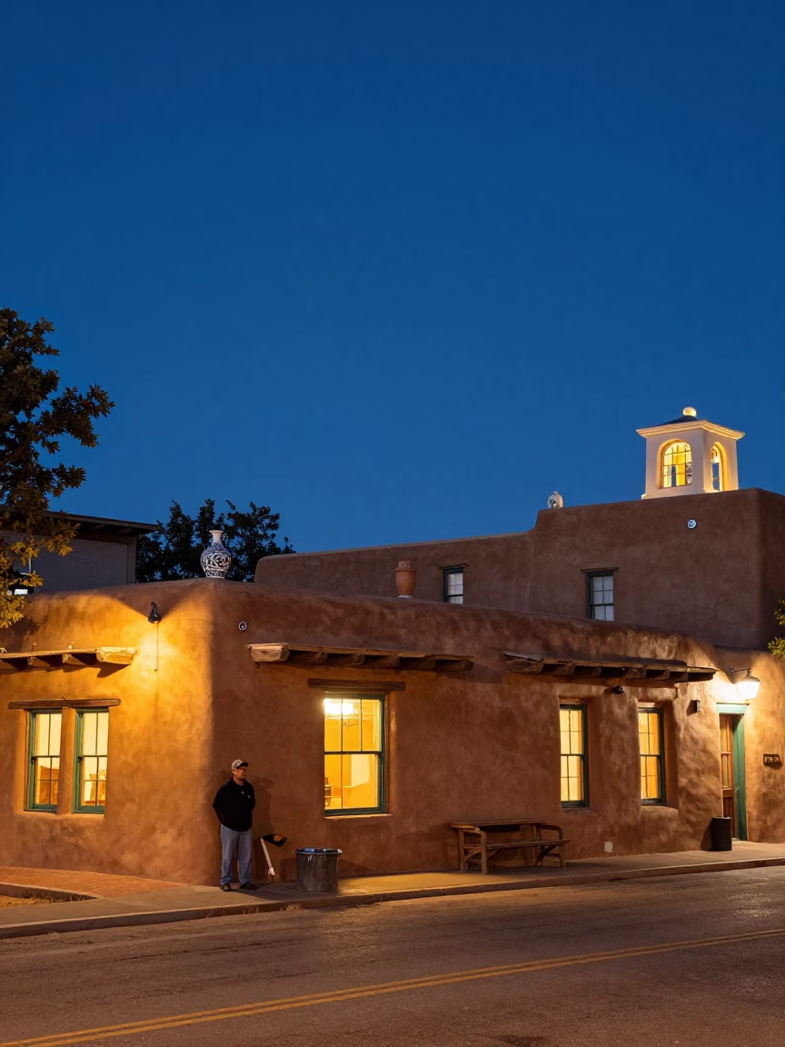 Santa Fe New Mexico Twilight Street Scene with Adobe Architecture and Ceramic Pitcher in in Santa Fe, New Mexico, United States