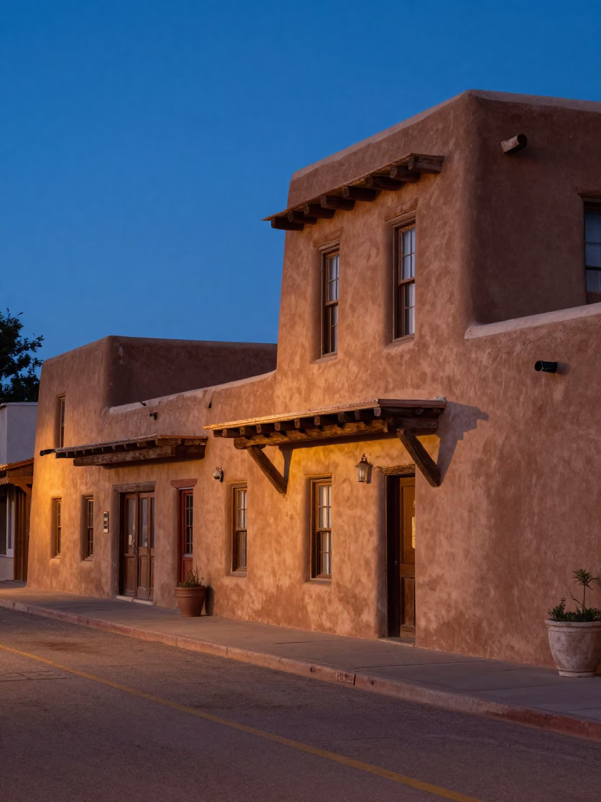 Santa Fe New Mexico Twilight Street Scene with Adobe Architecture and Colorful Market Stalls in in Santa Fe, New Mexico, United States