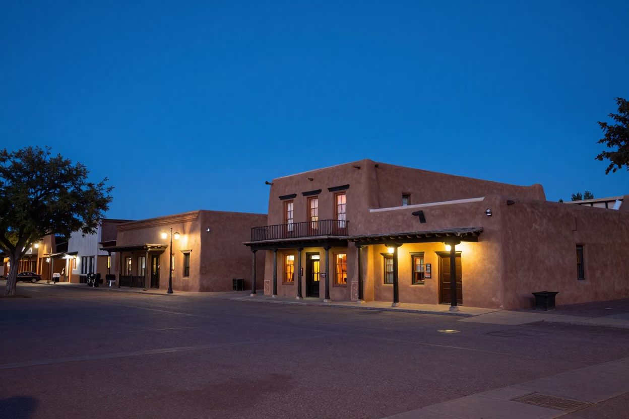 Santa Fe New Mexico Twilight Street Scene with Adobe Architecture and Local Artisans in in Santa Fe, New Mexico, United States