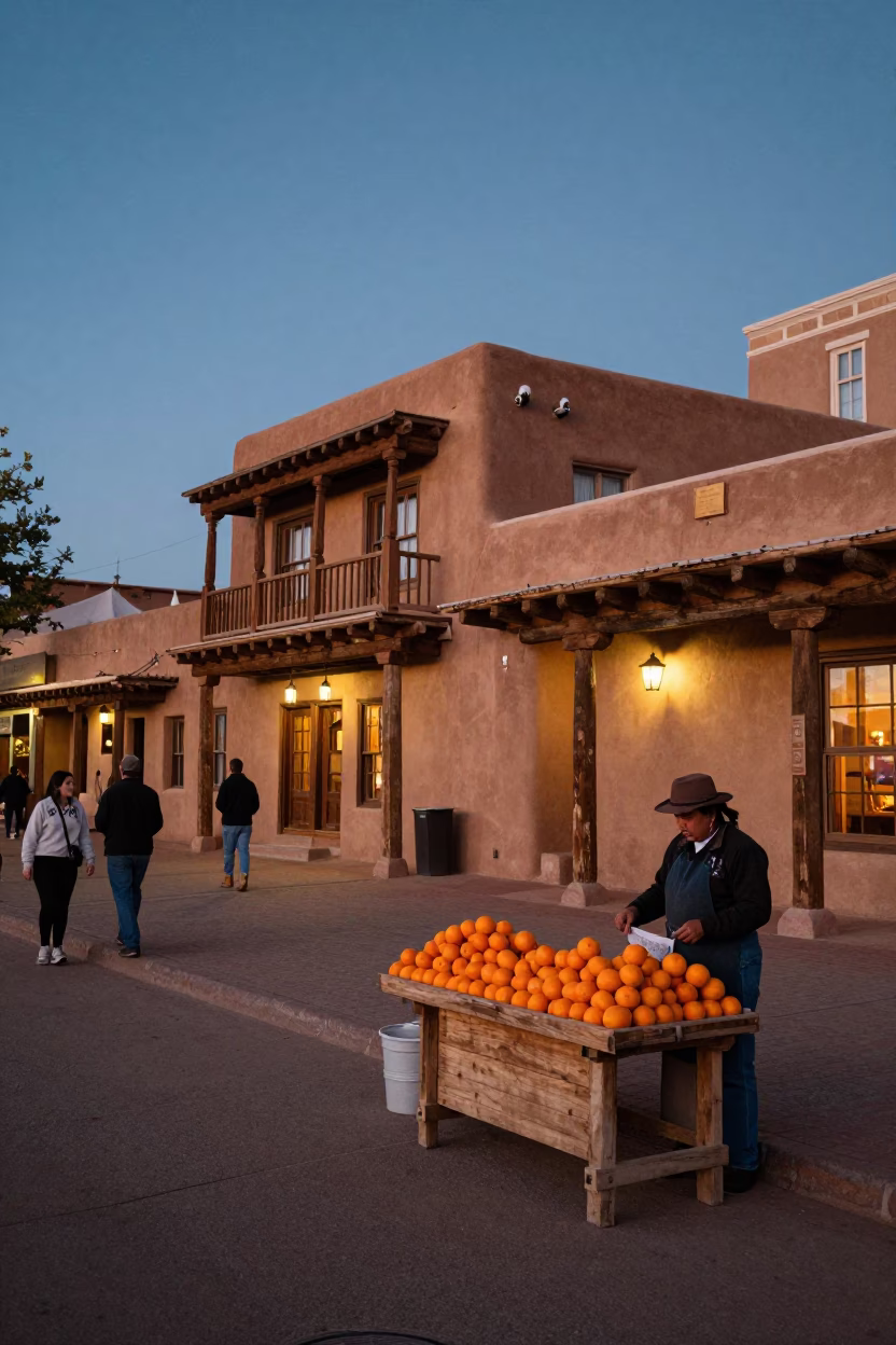 Santa Fe New Mexico Twilight Street Scene with Adobe Architecture and Local Life in in Santa Fe, New Mexico, United States